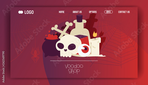 Voodoo vector web page cartoon skull in scary halloween and vampirism signs illustration of spooky evil monster candle bones web-page background
