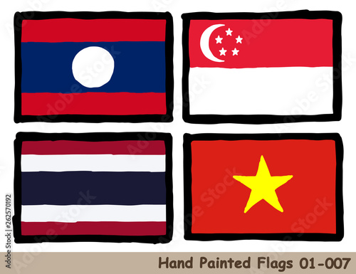 手描きの旗アイコン「ラオスの国旗」「シンガポールの国旗」「タイの国旗」「ベトナムの国旗」Flag of the Laos, Singapore, Thailand, Vietnam, hand drawn isolated vector icon.