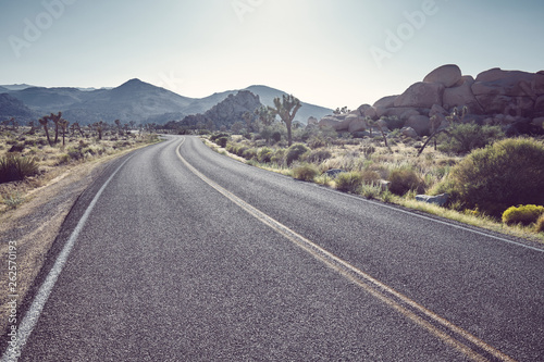 Color toned picture of a desert road at sunset, front focus on asphalt, California, USA.A.