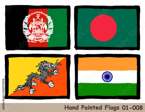 手描きの旗アイコン「アフガニスタンの国旗」「バングラデシュの国旗」「ブータンの国旗」「インドの国旗」Flag of the Afghanistan, Bangladesh, Bhutan, India, hand drawn isolated vector icon.