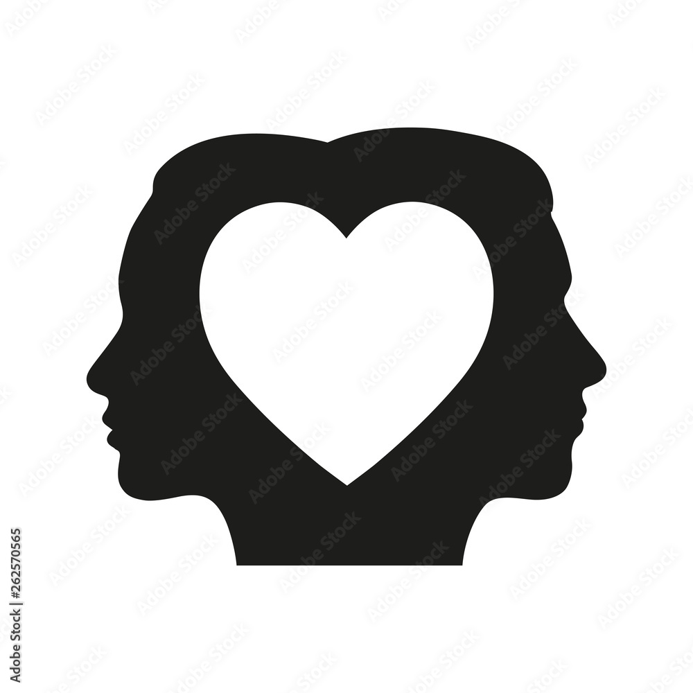 silhouette of the head of a man and a woman with a heart on a white background