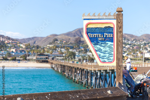 Ventura Historic Pier wooden sign in Los Angeles, USA photo