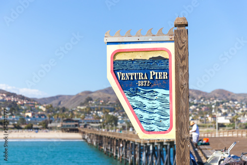 Ventura Historic Pier wooden sign in Los Angeles, USA