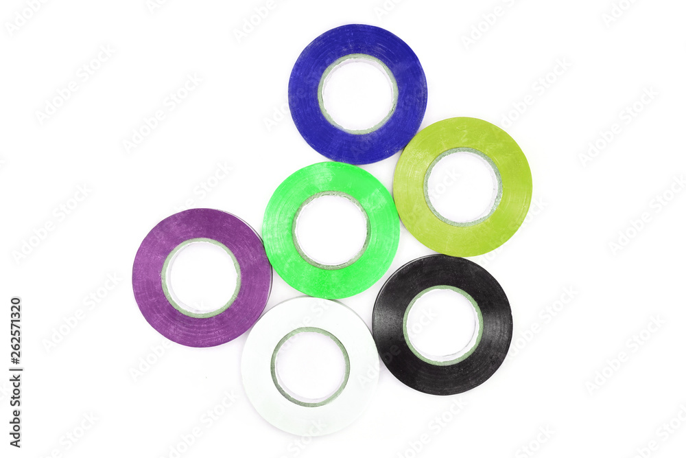 Set of sticky colorful electrical protection tape. Set of sticky colorful electrical protection tape.