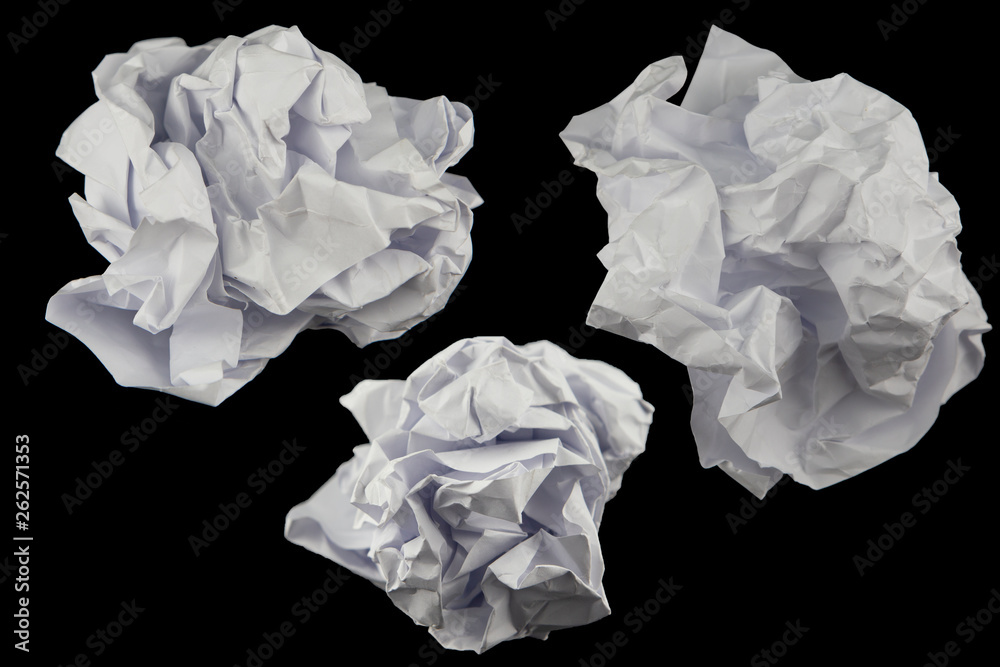 Group of  Paper  crumpled isolated on black  background. Clipping path.