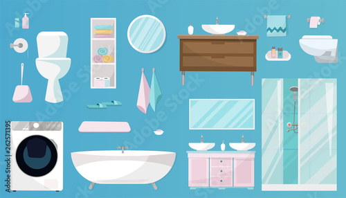 Bathroom set of Furniture, toiletries, sanitation, equipment and articles of hygiene for the bathroom. Sanitary ware set isolated on blue background. Flat cartoon illustration