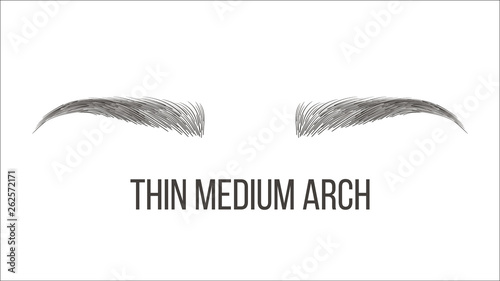 Thin Medium Arch Brows Shape Vector Business Card Template. Female Brows Style With Title Isolated Clipart. Microblading, Tattooing Master Salon, Parlor. Trendy Makeup. Eyebrows Realistic Illustration