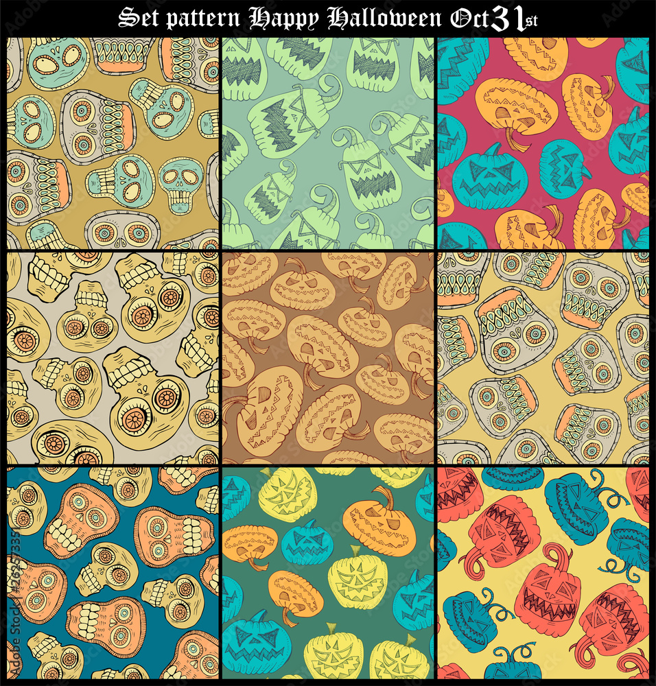 Fototapeta premium Set Halloween pattern background with sculls and bones