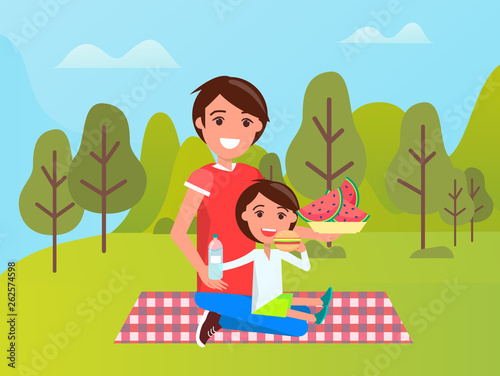Smiling father and son sitting on mat, boy eating burger, dad holding bowl with watermelon. People relaxing in green park or forest, sportwear vector