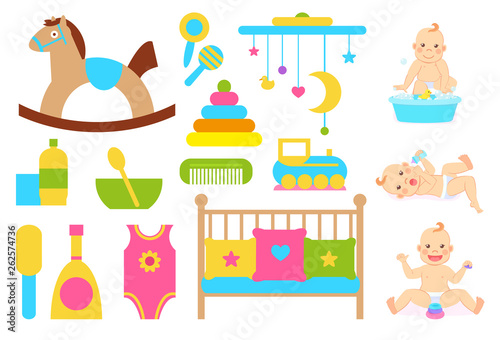 Children vector, plush horse on wooden stand, bowl with spoon. Crib cradle for kiddo with pillows, clothing and bottle, toys for abilities development