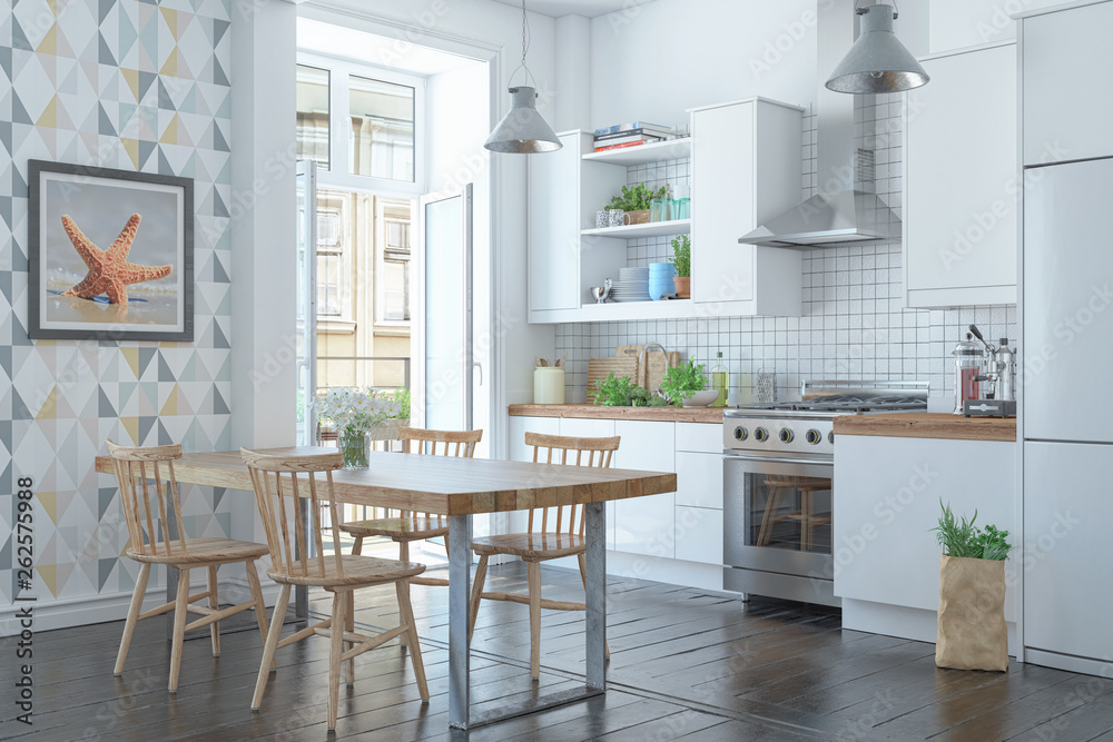 3d Illustration - Skandinavische, nordische Küche mit einem großen Tisch -  Wohnung Stock Illustration | Adobe Stock