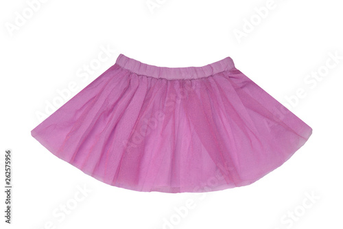 Girls clothes. Festive beautiful pink glistening little girl short summer skirt isolated on a white background. Ballerina kids clothes.