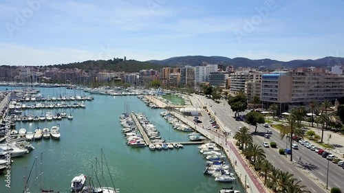 Coastline and Port of Palma de Mallorca Aerial footage of boats, yachts and busy streets in the port of Palma de Mallorca, Spain.