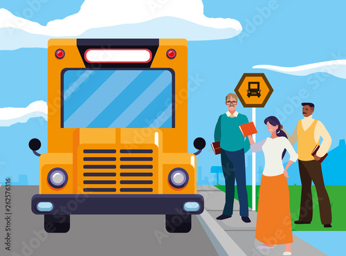 interracial teachers group in bus stop
