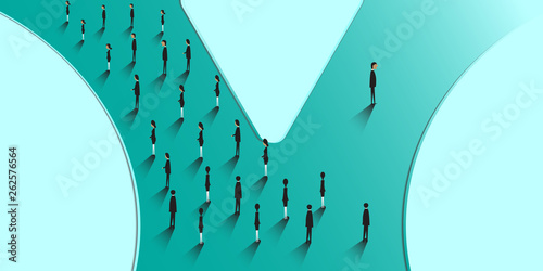 Minimalist style businessman changing direction and choosing a new way. New idea, change, trend, courage, creative solution, innovation and unique way concept