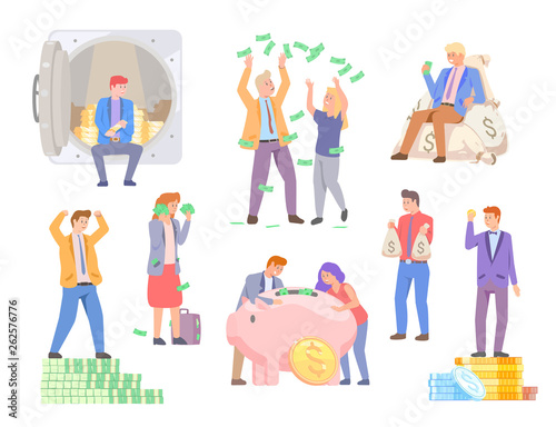 Rich people vector, set of man and woman saving money isolated investors and businesspeople. Pig with coins investment in future, banknotes assets