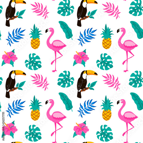 Hand drawn tropical seamless pattern with palm tree, monstera leaves, toucan and pink flamingo on white background. Vector illustration