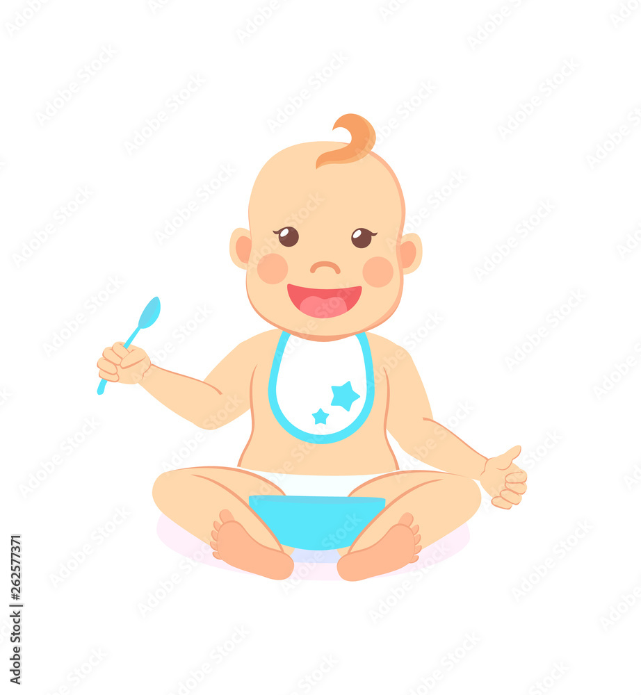 Happy infant baby boy eats itself isolated. Vector toddler in bib and diaper with spoon and bowl of porridge, 6 to 12 month milestones of newborn kid Happy infant baby boy eats itself isolated. Vector toddler in bib and diaper with spoon and bowl of porridge, 6 to 12 month milestones of newborn kid