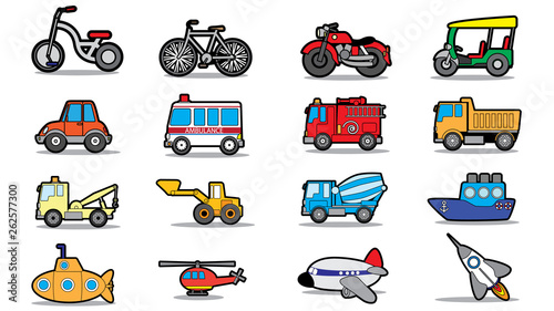 Cute vehicle types in sticker style on square graphic