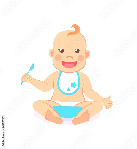 Happy infant baby boy eats itself isolated. Vector toddler in bib and diaper with spoon and bowl of porridge, 6 to 12 month milestones of newborn kid