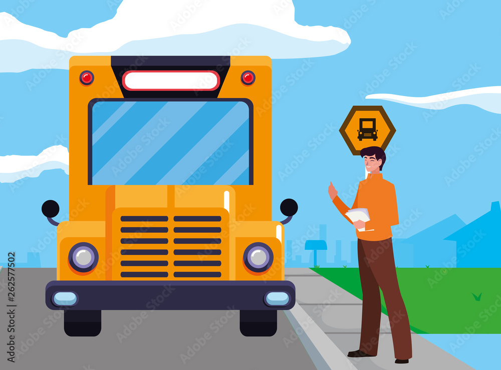 teacher male with documents in stop bus