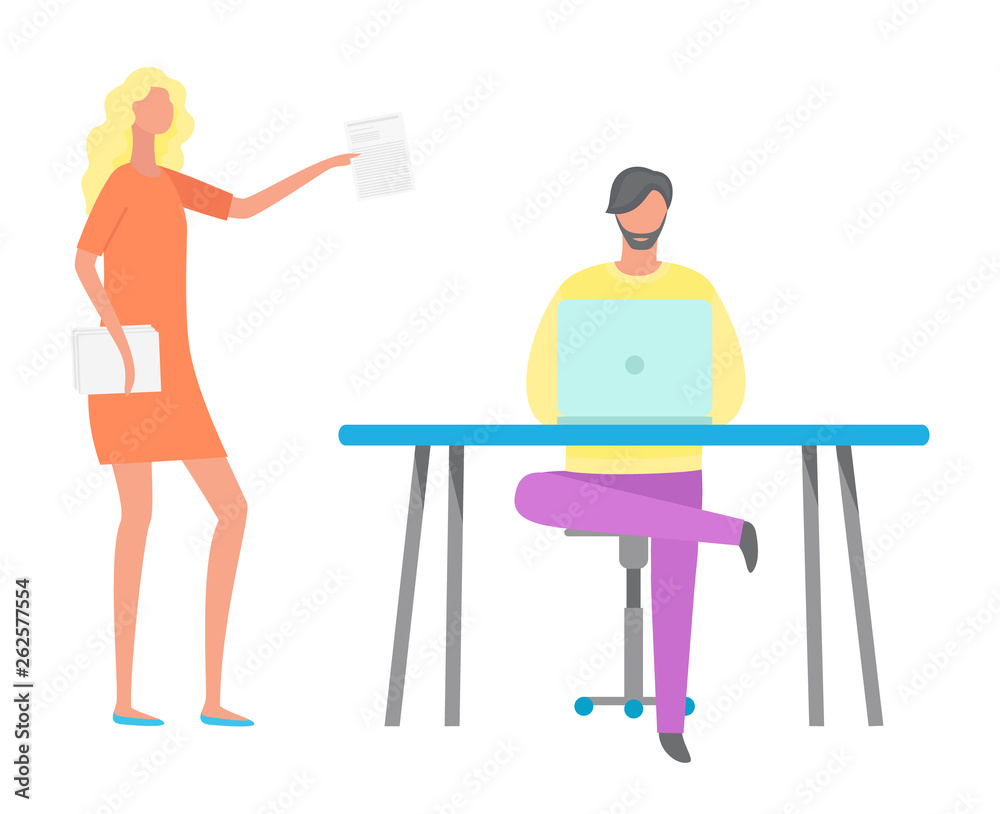 Woman holding documentation vector, man working on computer. Coder and boss with report, people at work, ceo executive giving tasks to employee flat style Woman holding documentation vector, man working on computer. Coder and boss with report, people at work, ceo executive giving tasks to employee flat style