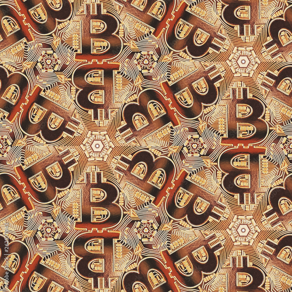 Beautiful Bitcoin Cryptocurrency Abstract Seamless Pattern  in Geometric Kaleidoscope Texture for Background, Backdrop, or Wallpaper in Gold Color.