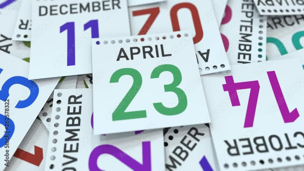 April 23 date on calendar page. 3D animation April 23 date on calendar page. 3D animation
