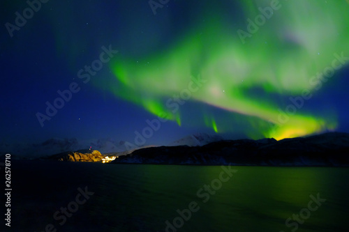 Northern lights aurora borealis village ocean stars green night