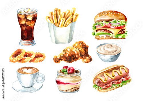 Fast food set. Hamburger,  hot dog, glass of cola, Cup of coffee, fried chicken, onion rings, sauce, dessert. Watercolor hand drawn illustration, isolated on white background