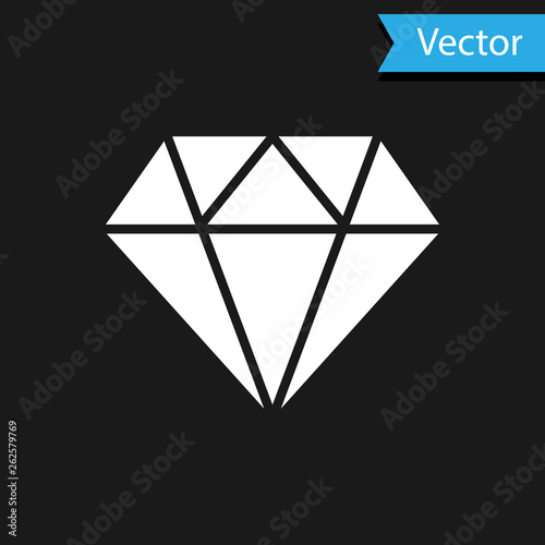 White Diamond sign isolated on black background. Jewelry symbol. Gem stone. Vector Illustration