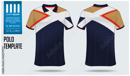 Polo t-shirt mockup template design for soccer jersey, football kit or sportswear. Sport uniform in front view and back view. T-shirt mock up for sport club. Fabric pattern. Vector Illustration.