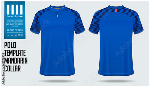 Chinese collar or Mandarin Collar polo shirt mockup template design for soccer jersey, football kit. T-shirt mock up for sport club. Sport uniform in front view and back view. Vector Illustration.