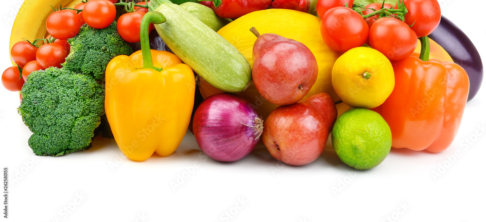 Fruits and vegetables isolated on a white background. Wide photo.