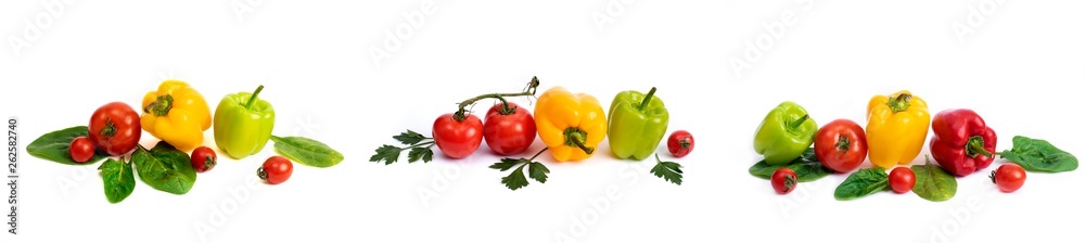 Yellow and red sweet pepper with tomatoes. Red sweet long pepper with yellow sweet pepper and tomatoes on a white background. Composition of yellow and red peppers with tomatoes on a white background.