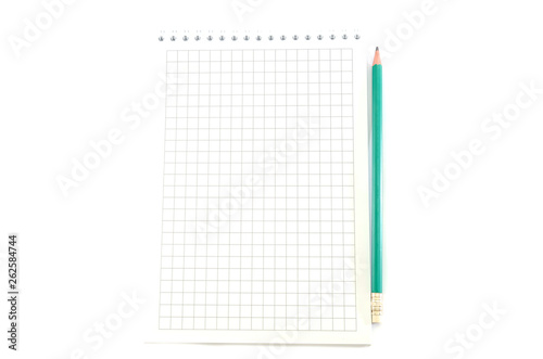 white notebook with a pencil on a white background