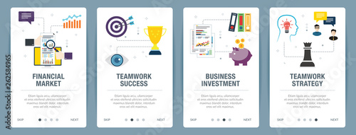 Web banners concept in vector with financial market, teamwork success, business investment and teamwork strategy. Internet website banner concept with icon set. Flat design vector illustration.