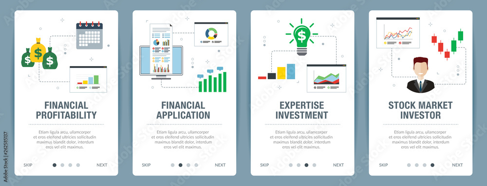 Web banners concept in vector with financial profitability, financial application, expertise investment and stock market investor. Internet website banner concept with icon set. Flat design vector