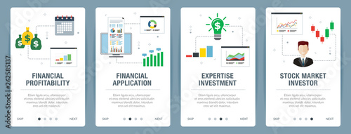 Web banners concept in vector with financial profitability, financial application, expertise investment and stock market investor. Internet website banner concept with icon set. Flat design vector