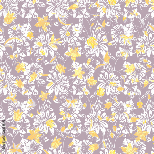 Floral seamless pattern. Vector illustration of abstract leaves  flowers  petunias and daisies in lilac and yellow. Designed for fashion  fabric  home decor.