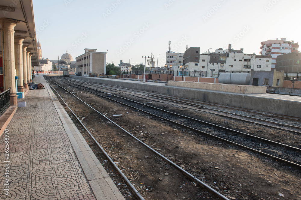 Railway tracks at urban train station in Egypt