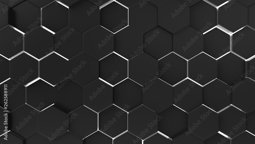 Black abstract background hexagon pattern with light rays. 3d illustration, 3d rendering. Black abstract background hexagon pattern with light rays. 3d illustration, 3d rendering.