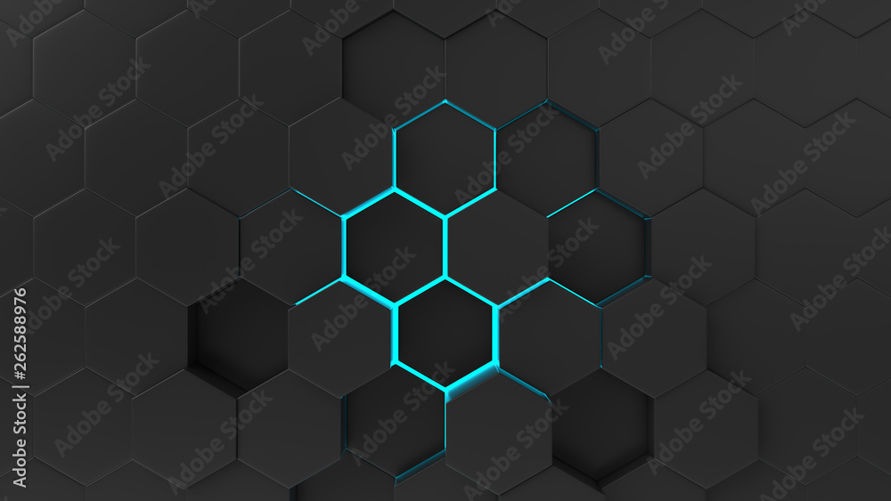 Black abstract background hexagon pattern with light rays. 3d illustration, 3d rendering. Black abstract background hexagon pattern with light rays. 3d illustration, 3d rendering.