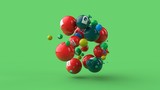 3D illustration of many balls of different colors isolated on a green background. Vitamins are scattered in space. The idea of a healthy diet, strength and health. 3D rendering