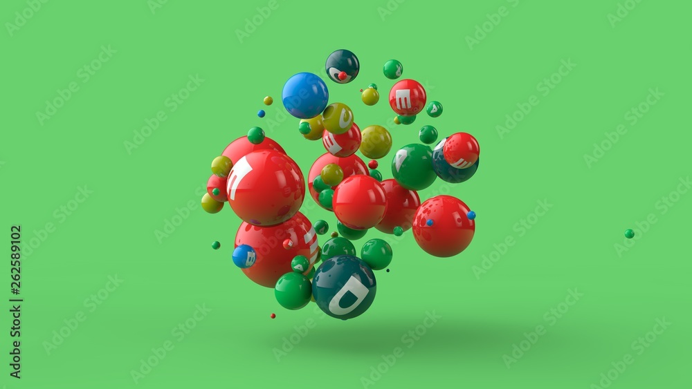 3D illustration of many balls of different colors isolated on a green background. Vitamins are scattered in space. The idea of a healthy diet, strength and health. 3D rendering