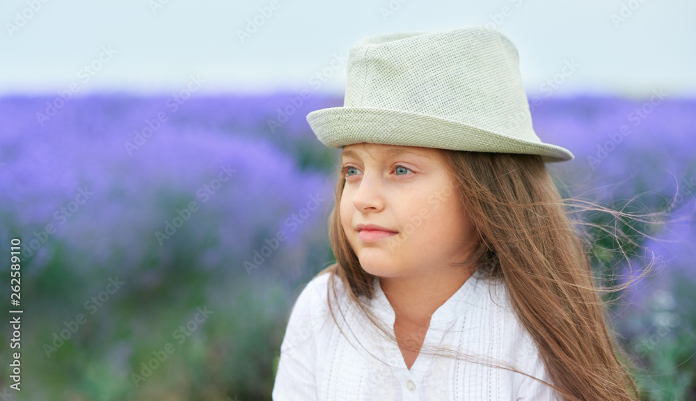 girl child is in the lavender flower field, beautiful summer landscape