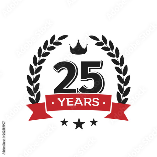 25 th birthday vintage logo template. Twenty fifth years anniversary retro isolated vector emblem with red ribbon and laurel wreath on white background.