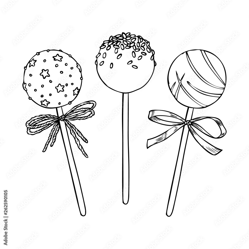 Sweet cake pops on stick with sprinkles isolated on white background