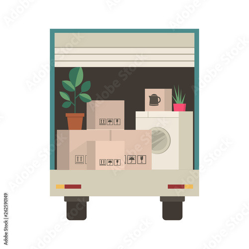 Things inside truck. Packed household stuff in van