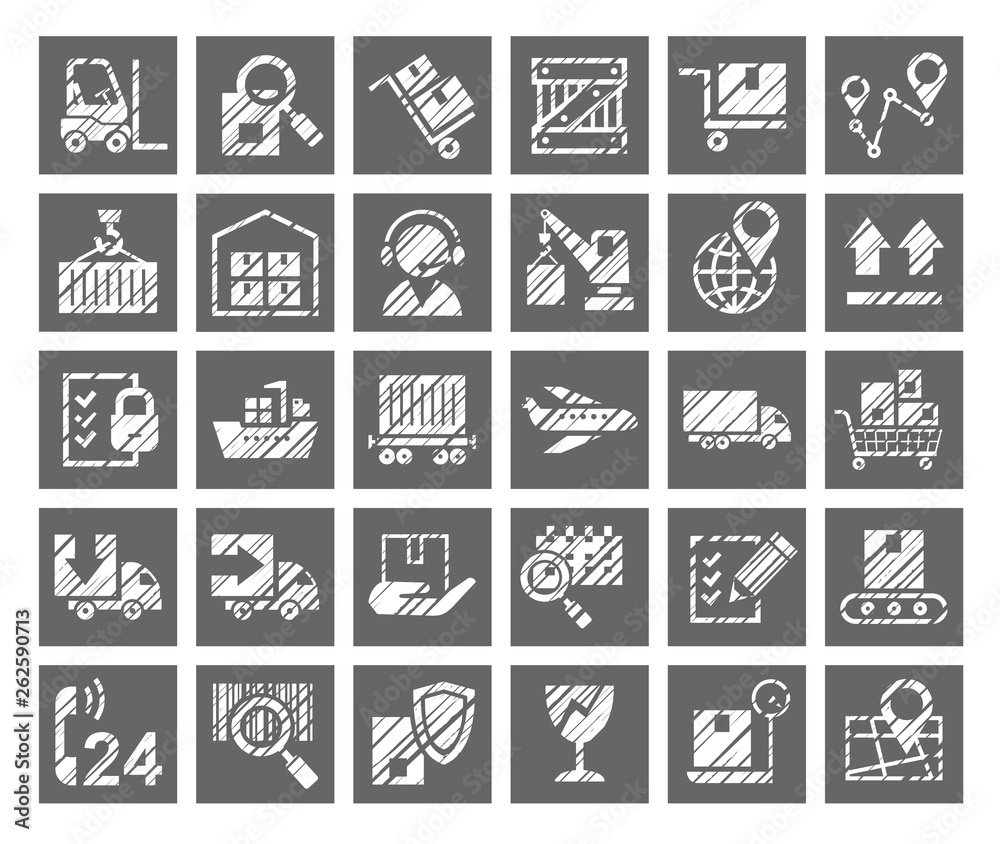 Shipping, flat badges, pencil hatching, gray, vector. Cargo transportation and delivery of goods. White icons on grey background. Imitation of pencil hatching.  Square vector images. 